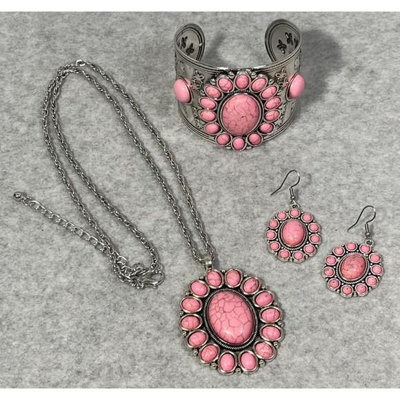 Unknown Jewelry - Howlite Jewelry Set Flower Earrings Cuff Bracelet Pendant Necklace Western Boho